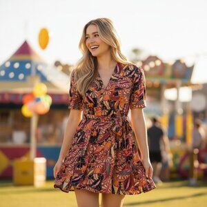 A.L.C. Carey Belted Printed Mini Dress XS Boho V-Neck Short Sleeve Cotton Chic